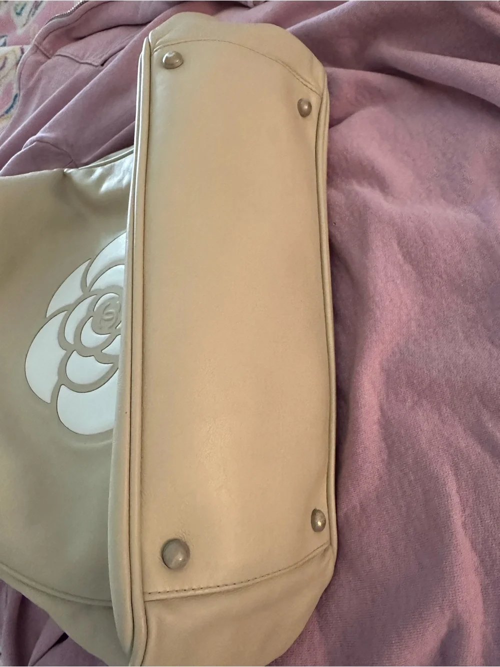 CHANEL Cream Shoulder Bag with White Camellia Motif